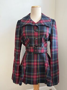 Roni Brand Plaid Wool-Blend Peacoat Jacket - Size L -Adjustable Belt & High Neck